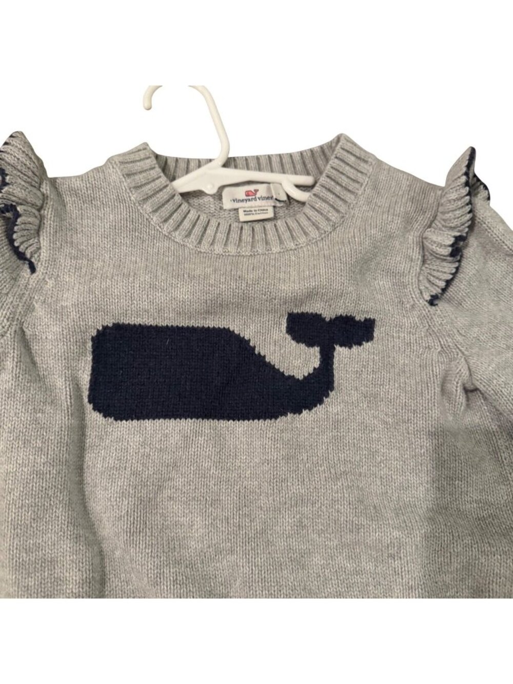 Vineyard Vines Girls Crewneck Whale Logo Sweater Ruffle Trim Coastal Prep Beach
